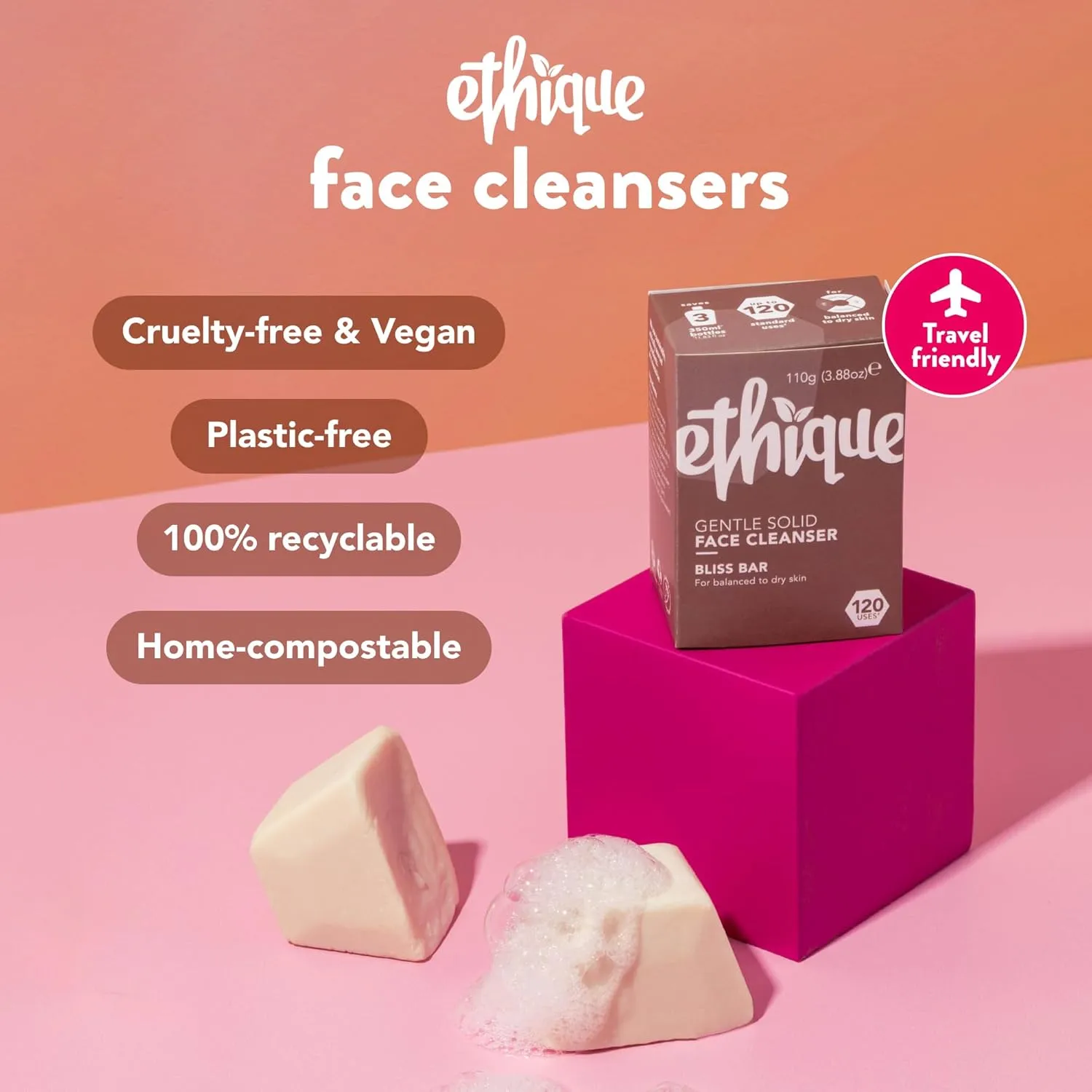 Ethique, Gentle Solid Face Cleanser for Balanced to Dry Skin - Bliss Bar - Plastic-Free, Vegan, Cruelty-Free, Eco-Friendly, 3.88 oz (Pack of 1)